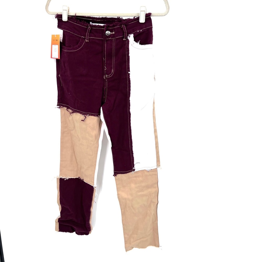 Patchwork Colorblock Jeans Burgundy Tan White Frayed Hem Size M NWT